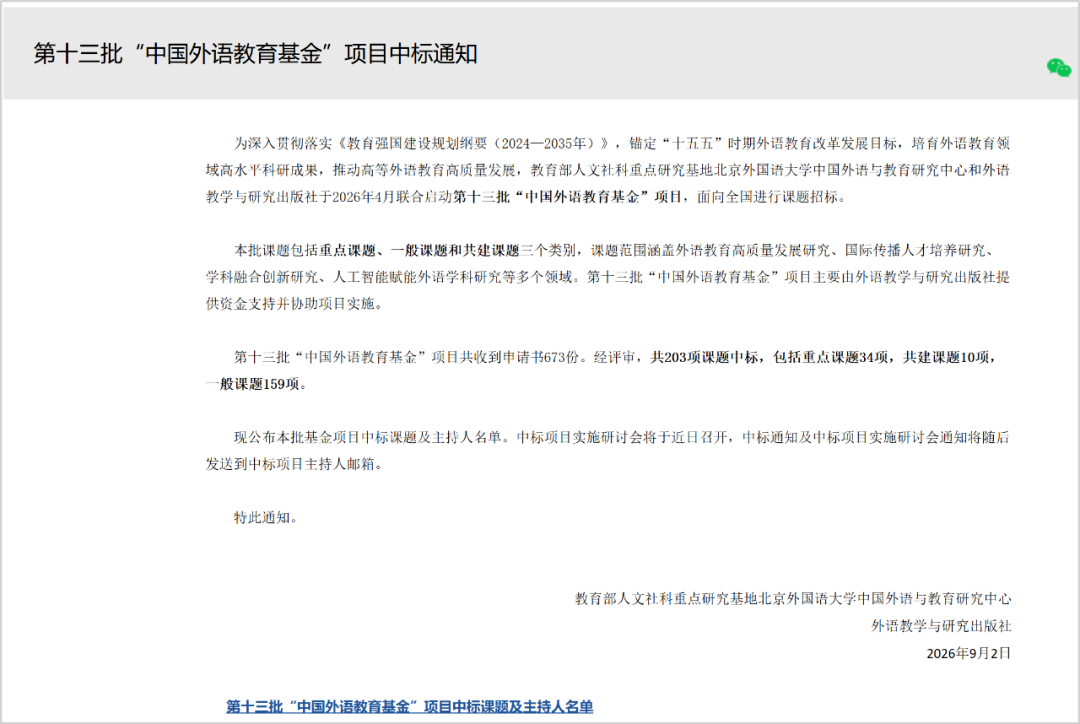 我校教师获批第十三批“中国外语教育基金”重点课题